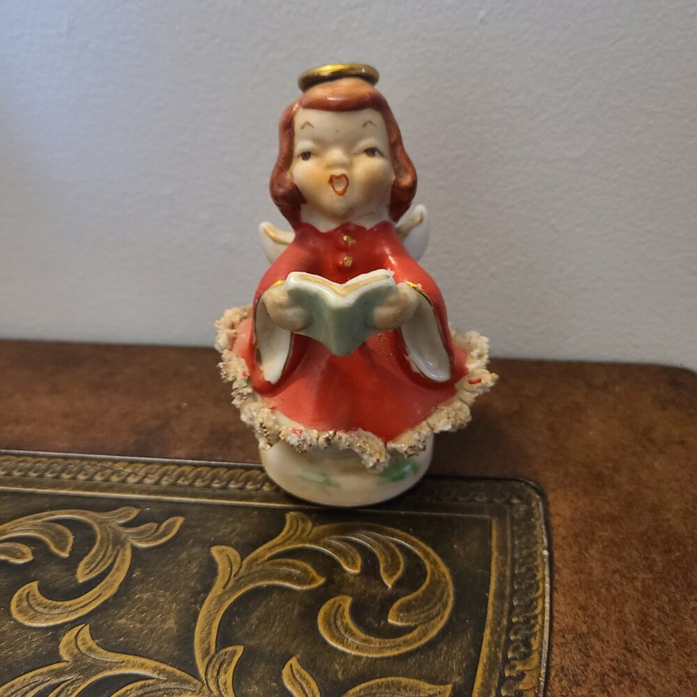 Napco Caroler Angel 1950s Japan Red Dress Gold Halo Porcelain